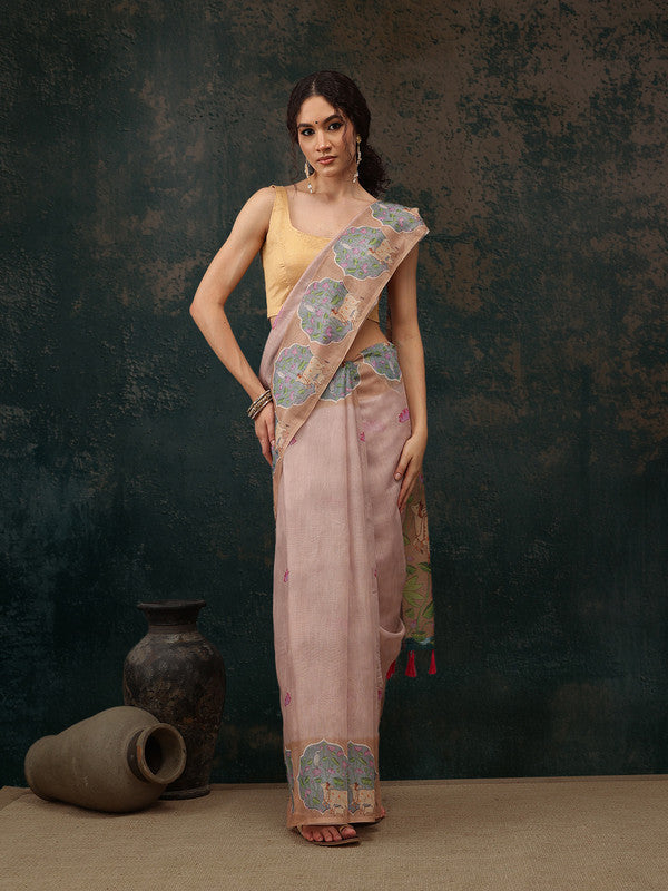 Lavender Cotton Blend Animal Print Saree with Unstitched Blouse
