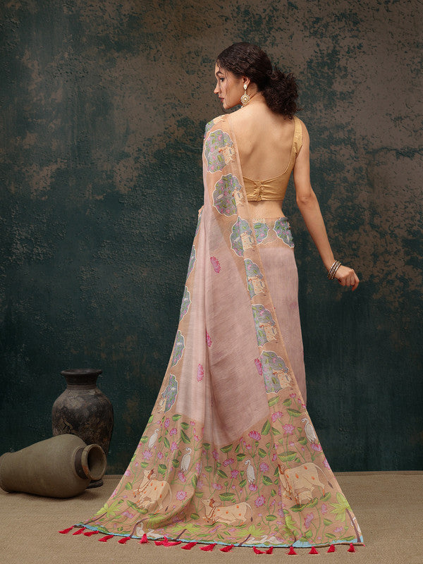 Lavender Cotton Blend Animal Print Saree with Unstitched Blouse