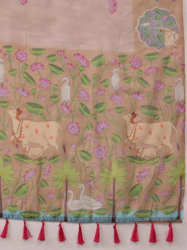 Lavender Cotton Blend Animal Print Saree with Unstitched Blouse