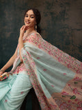 Turquoise cotton blend saree with a modern digital animal print and an included unstitched blouse.
