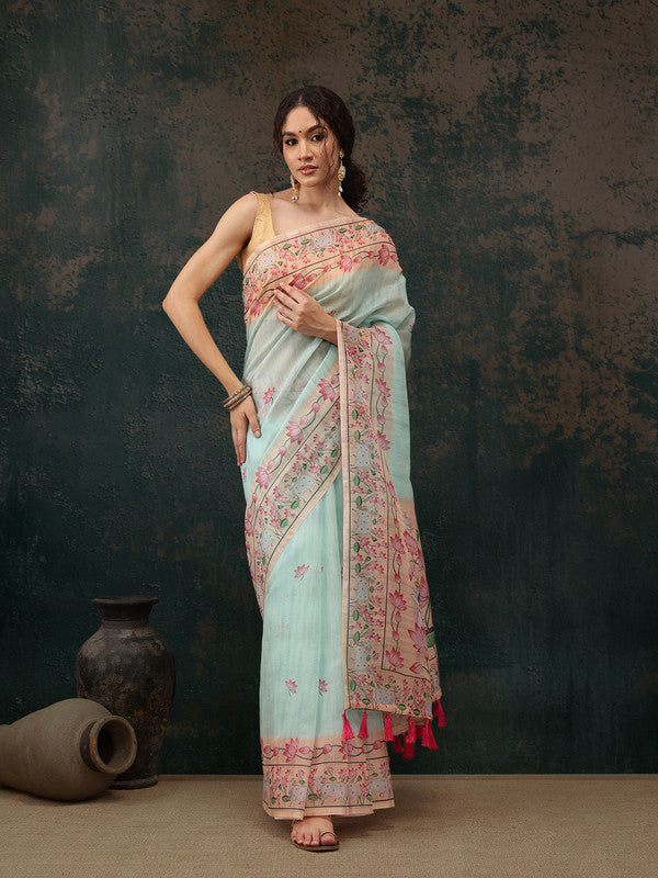 Turquoise Cotton Blend Animal Print Saree with Unstitched Blouse
