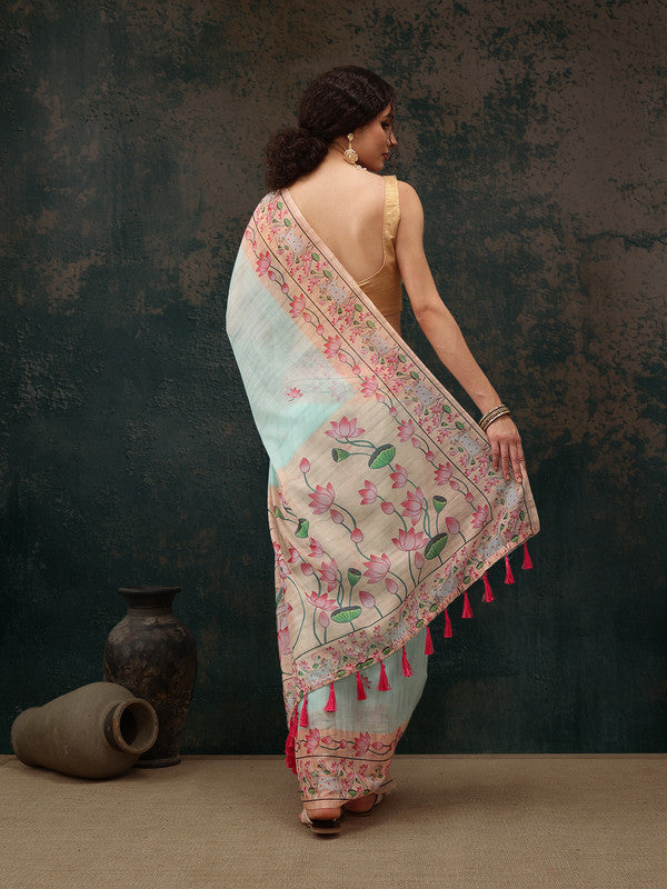 Turquoise Cotton Blend Animal Print Saree with Unstitched Blouse