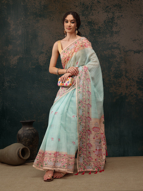 Turquoise Cotton Blend Animal Print Saree with Unstitched Blouse