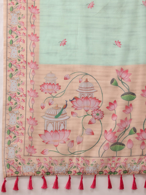 Turquoise Cotton Blend Animal Print Saree with Unstitched Blouse