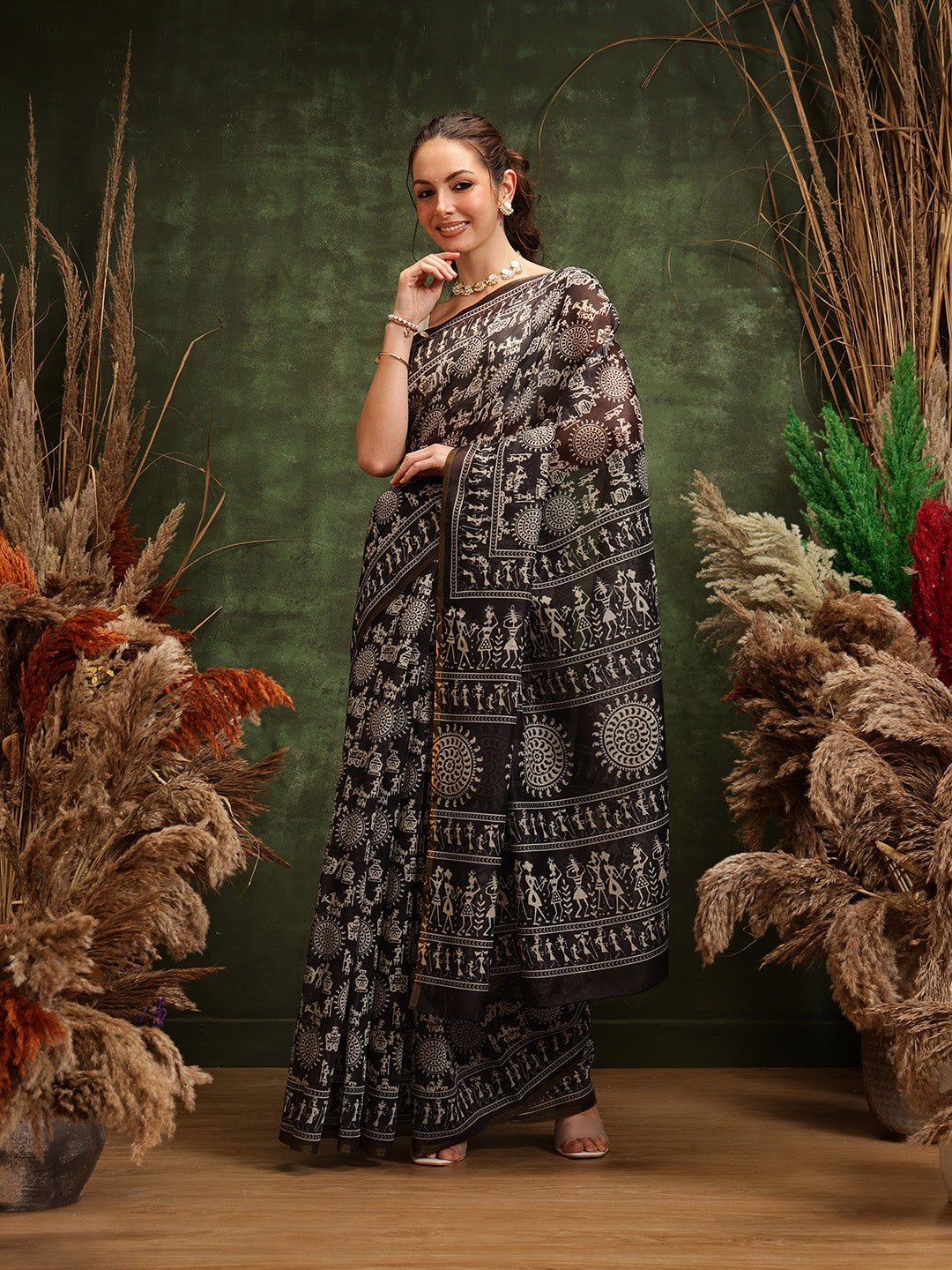 Sophisticated black Chanderi cotton blend saree with abstract digital print