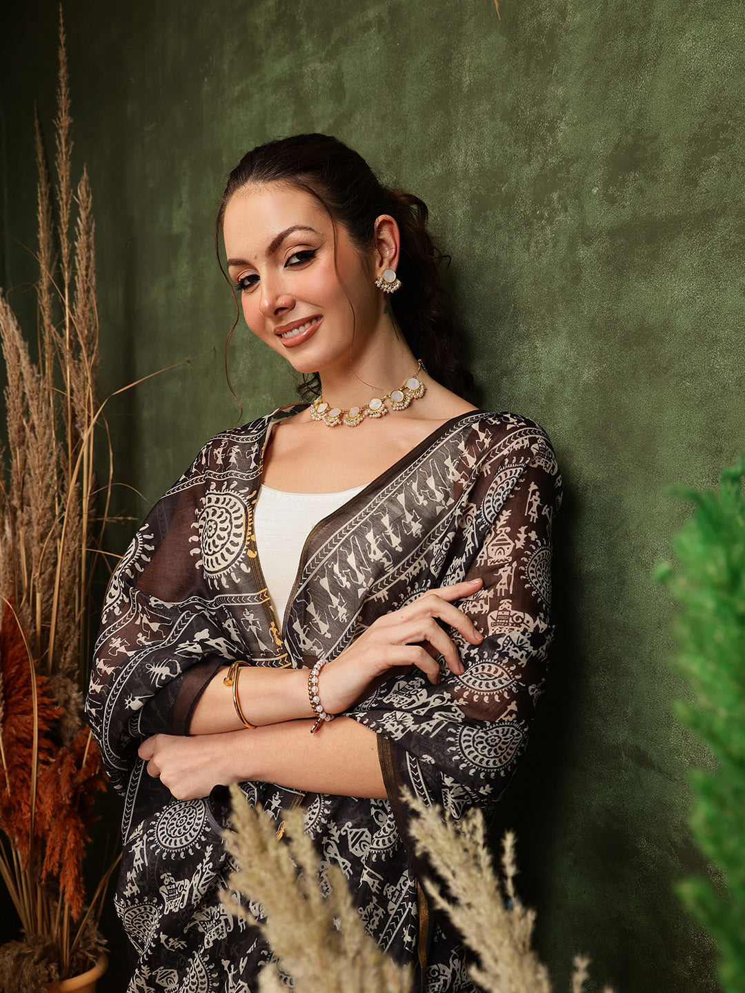 Black Chanderi Cotton Blend Saree with Abstract Digital Print