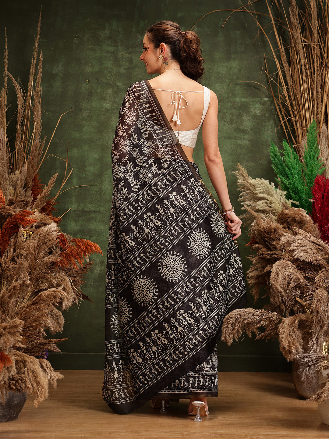 Black Chanderi Cotton Blend Saree with Abstract Digital Print