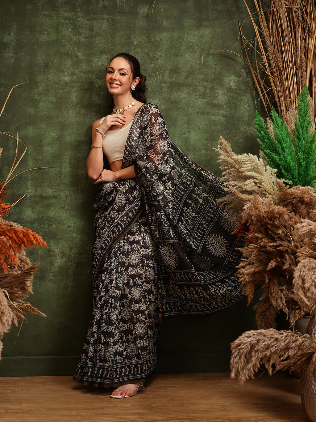 Black Chanderi Cotton Blend Saree with Abstract Digital Print