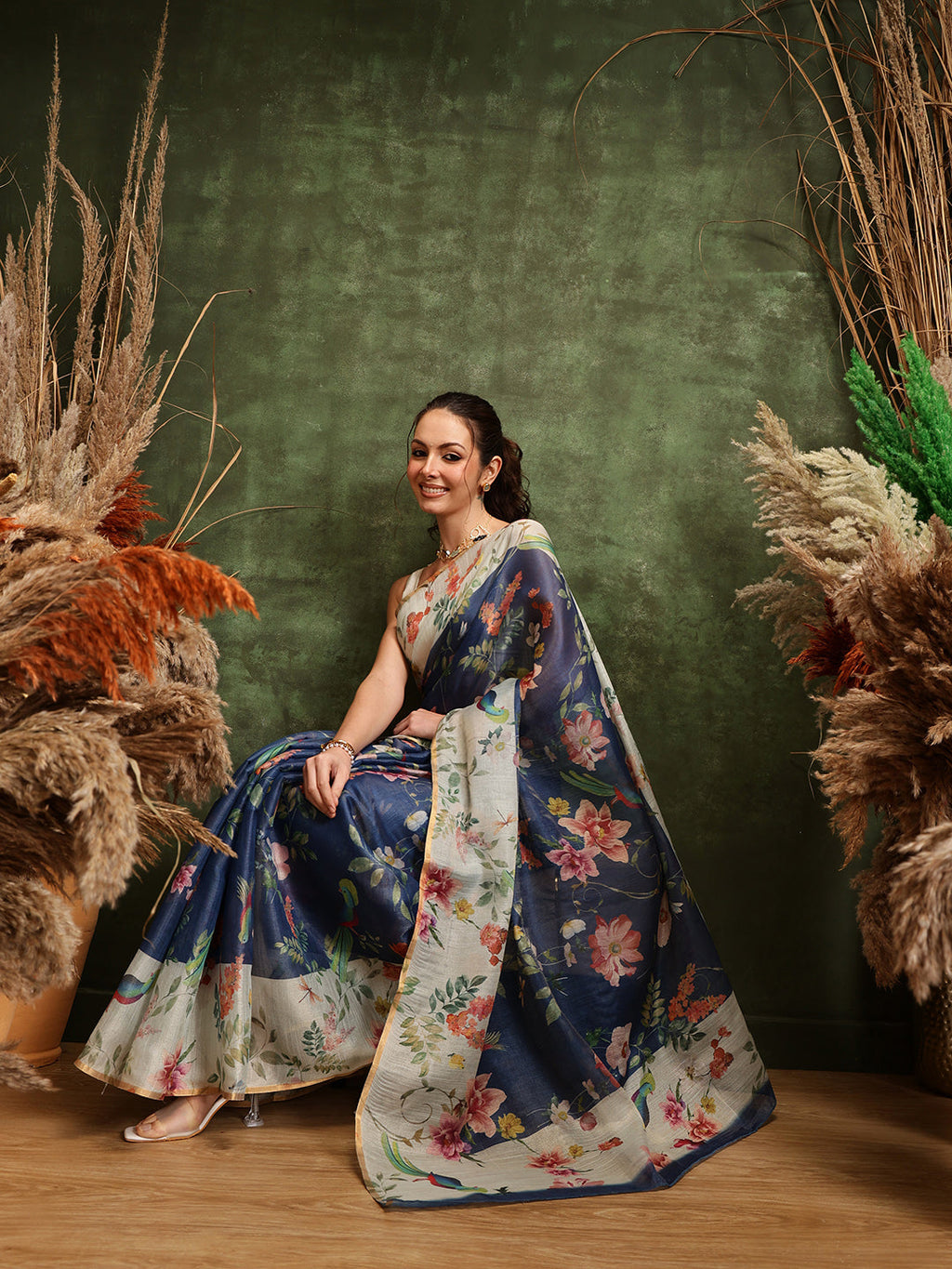 Blue Chanderi Cotton Blend Saree with Floral Digital Print