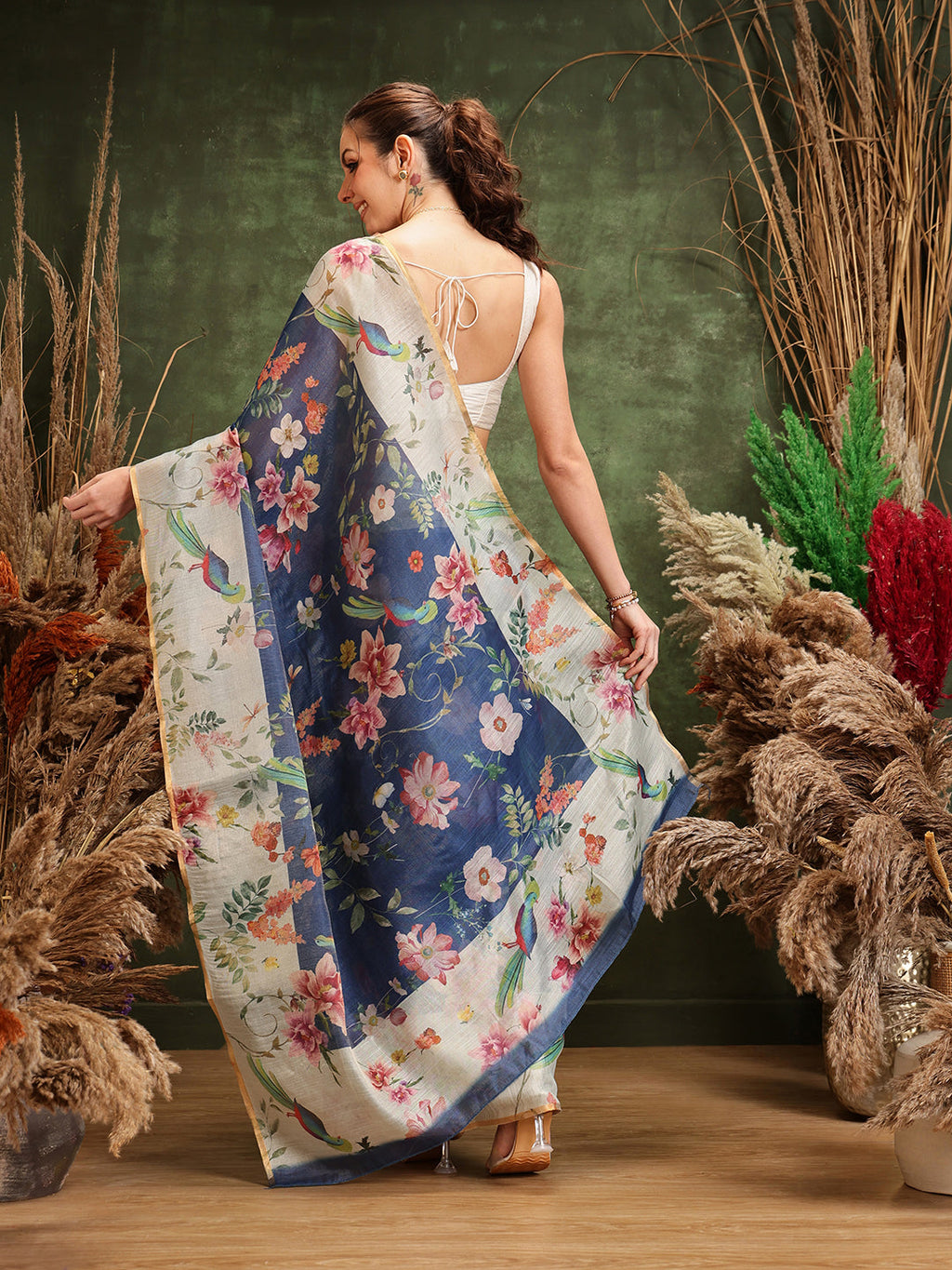 Blue Chanderi Cotton Blend Saree with Floral Digital Print