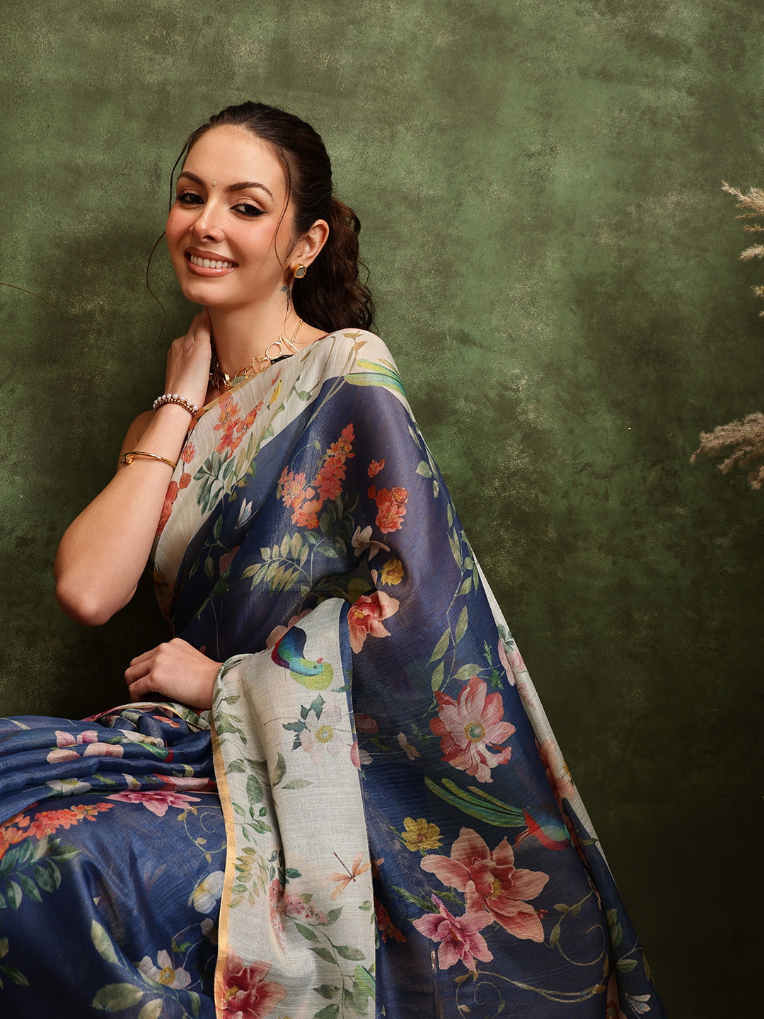 Blue Chanderi Cotton Blend Saree with Floral Digital Print