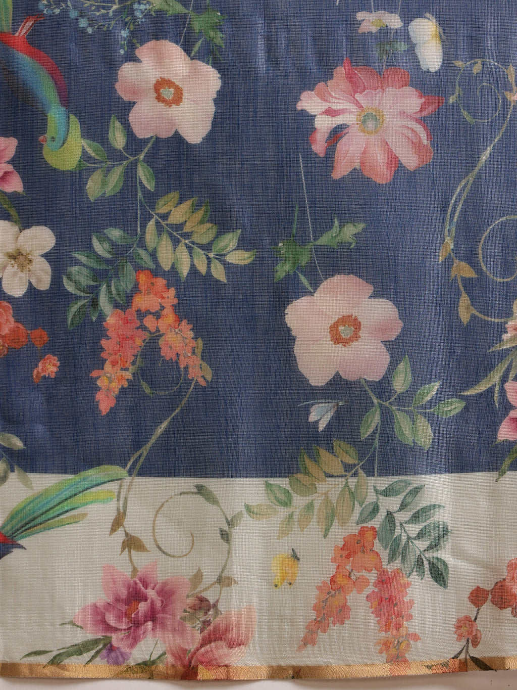 Blue Chanderi Cotton Blend Saree with Floral Digital Print