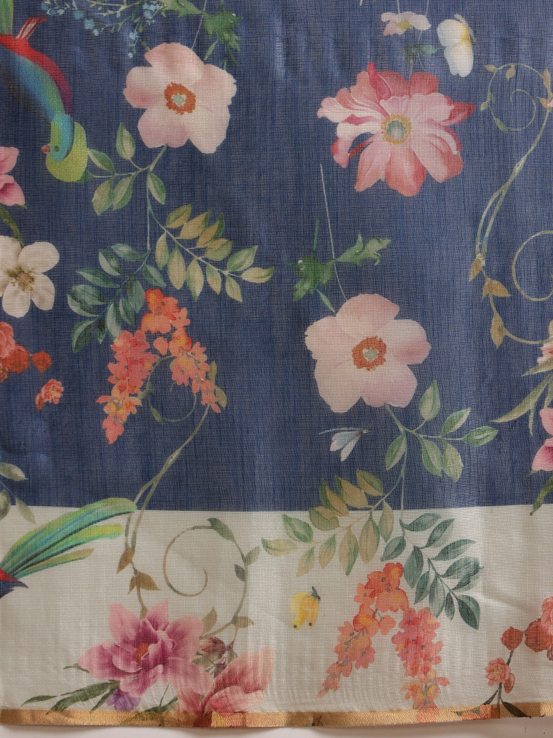 Blue Chanderi Cotton Blend Saree with Floral Digital Print
