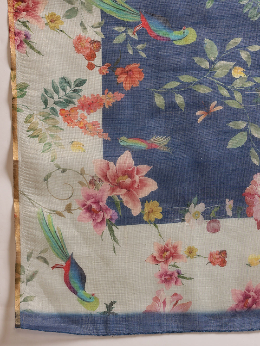 Blue Chanderi Cotton Blend Saree with Floral Digital Print