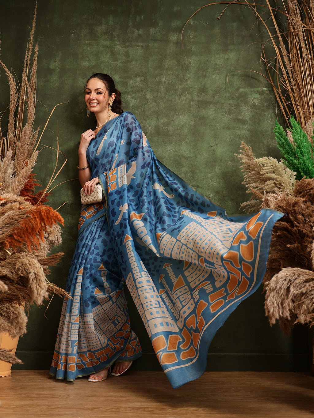 Blue Chanderi cotton blend saree with artistic abstract print