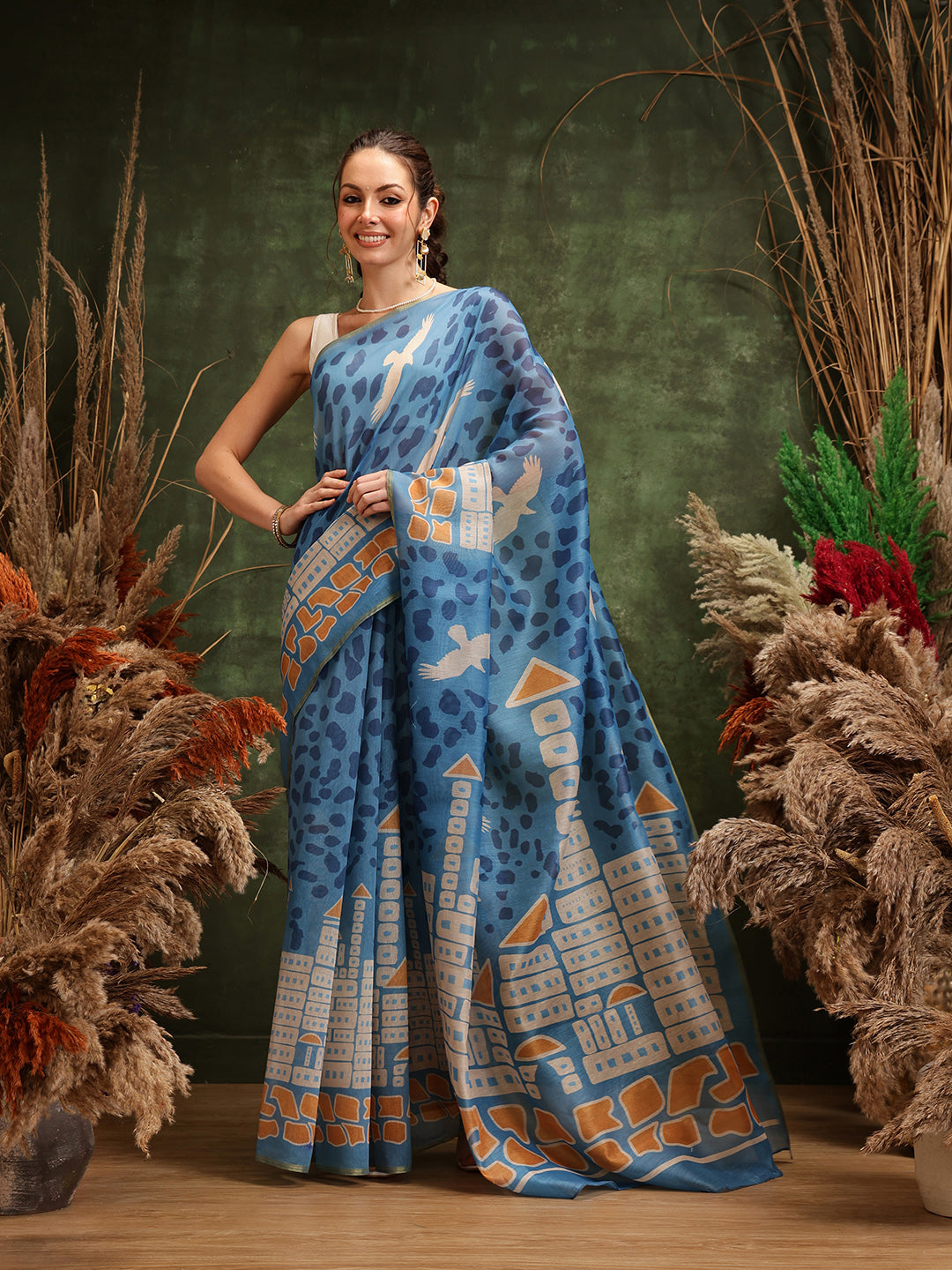Blue Chanderi Cotton Blend Saree with Abstract Digital Print