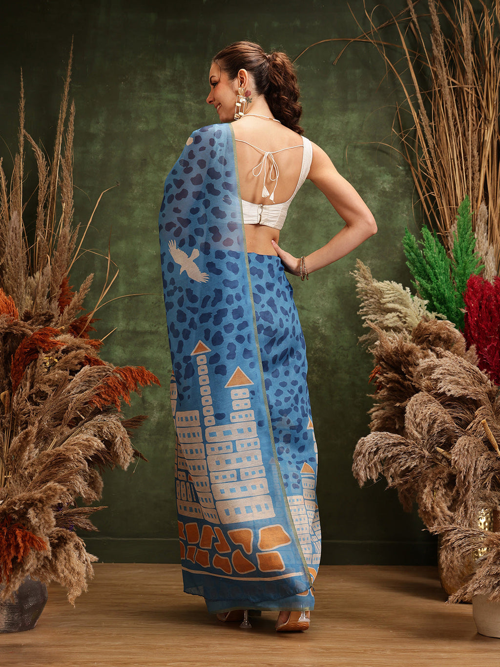 Blue Chanderi Cotton Blend Saree with Abstract Digital Print