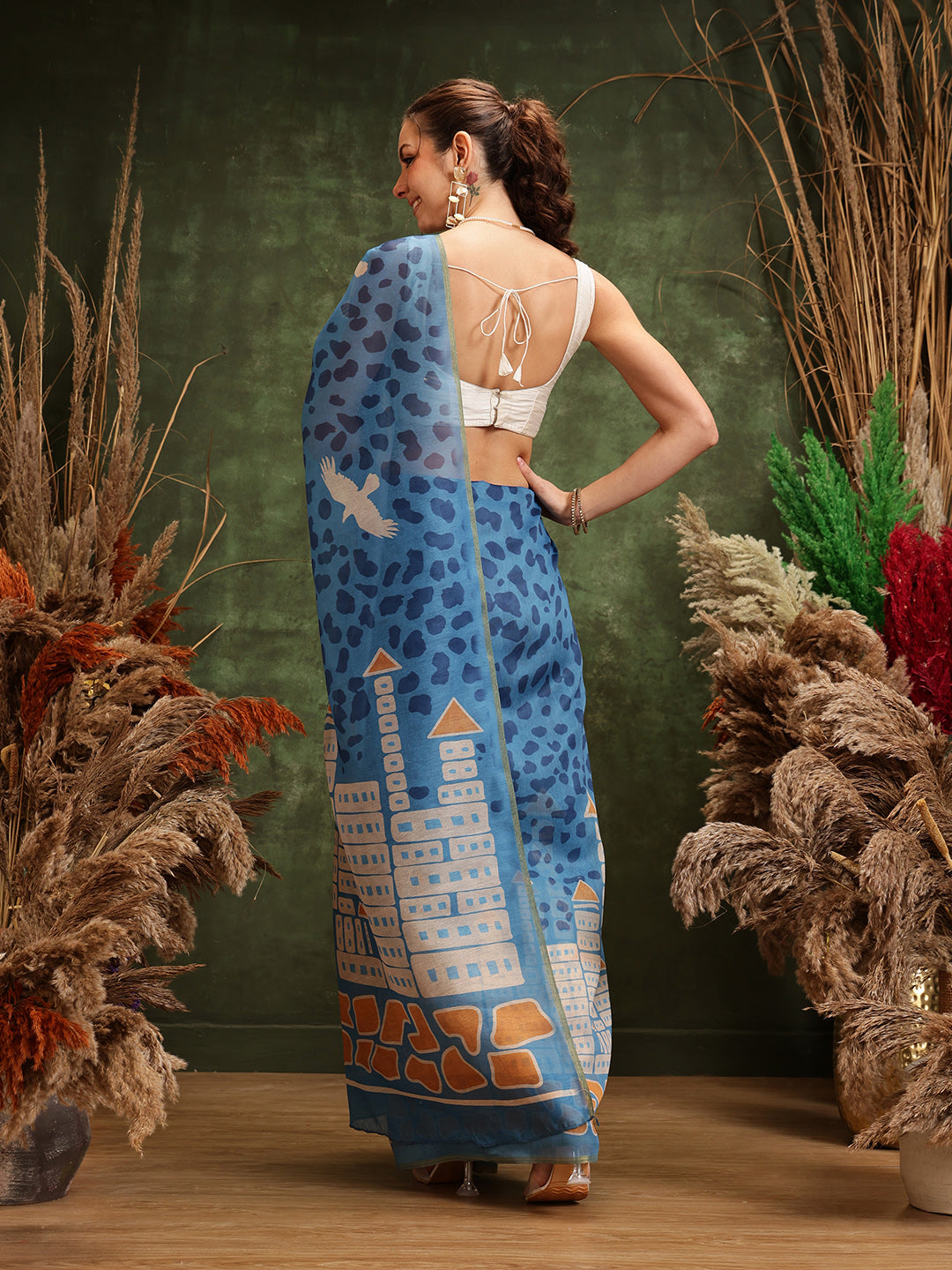 Blue Chanderi Cotton Blend Saree with Abstract Digital Print