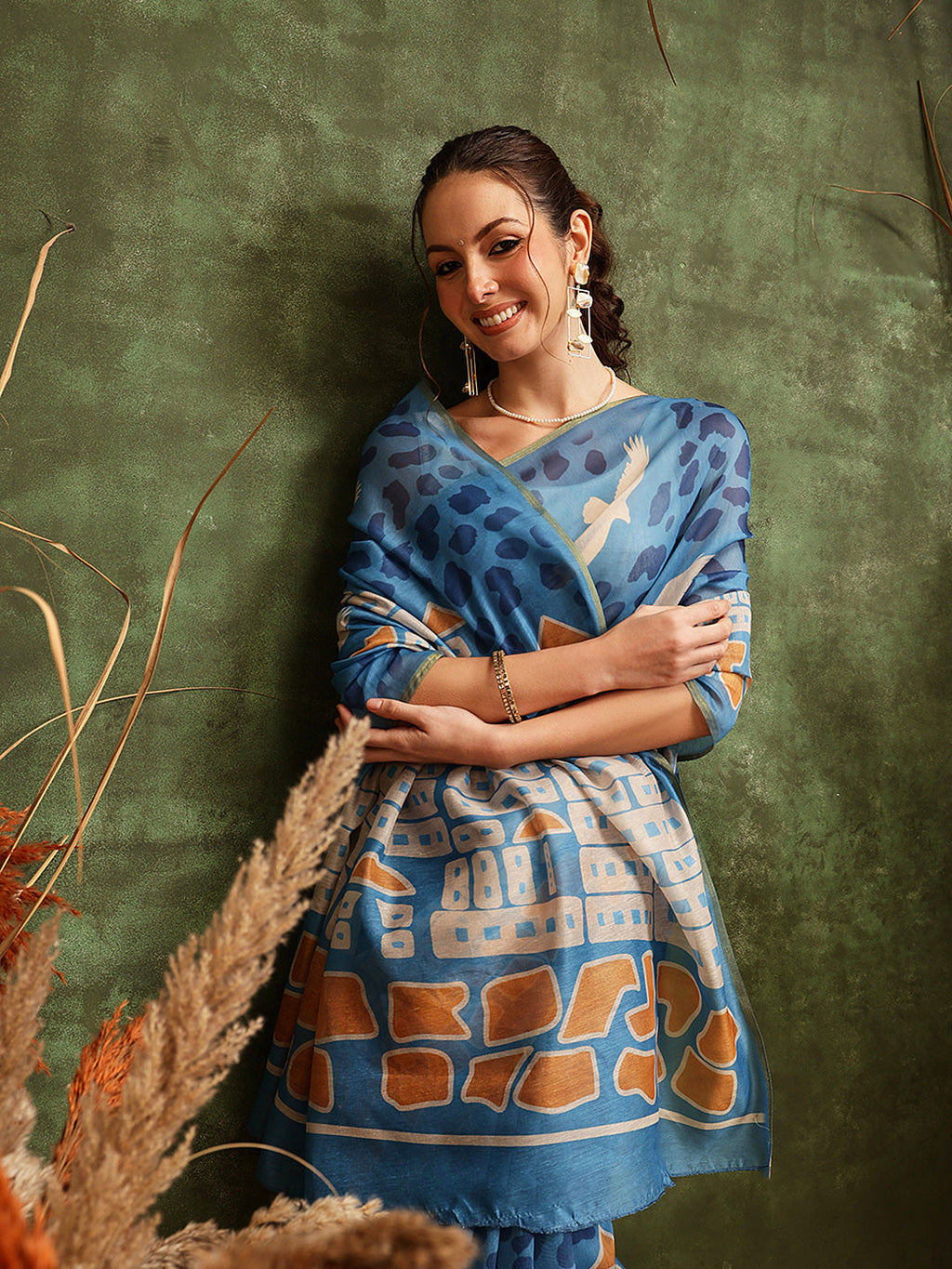 Blue Chanderi Cotton Blend Saree with Abstract Digital Print