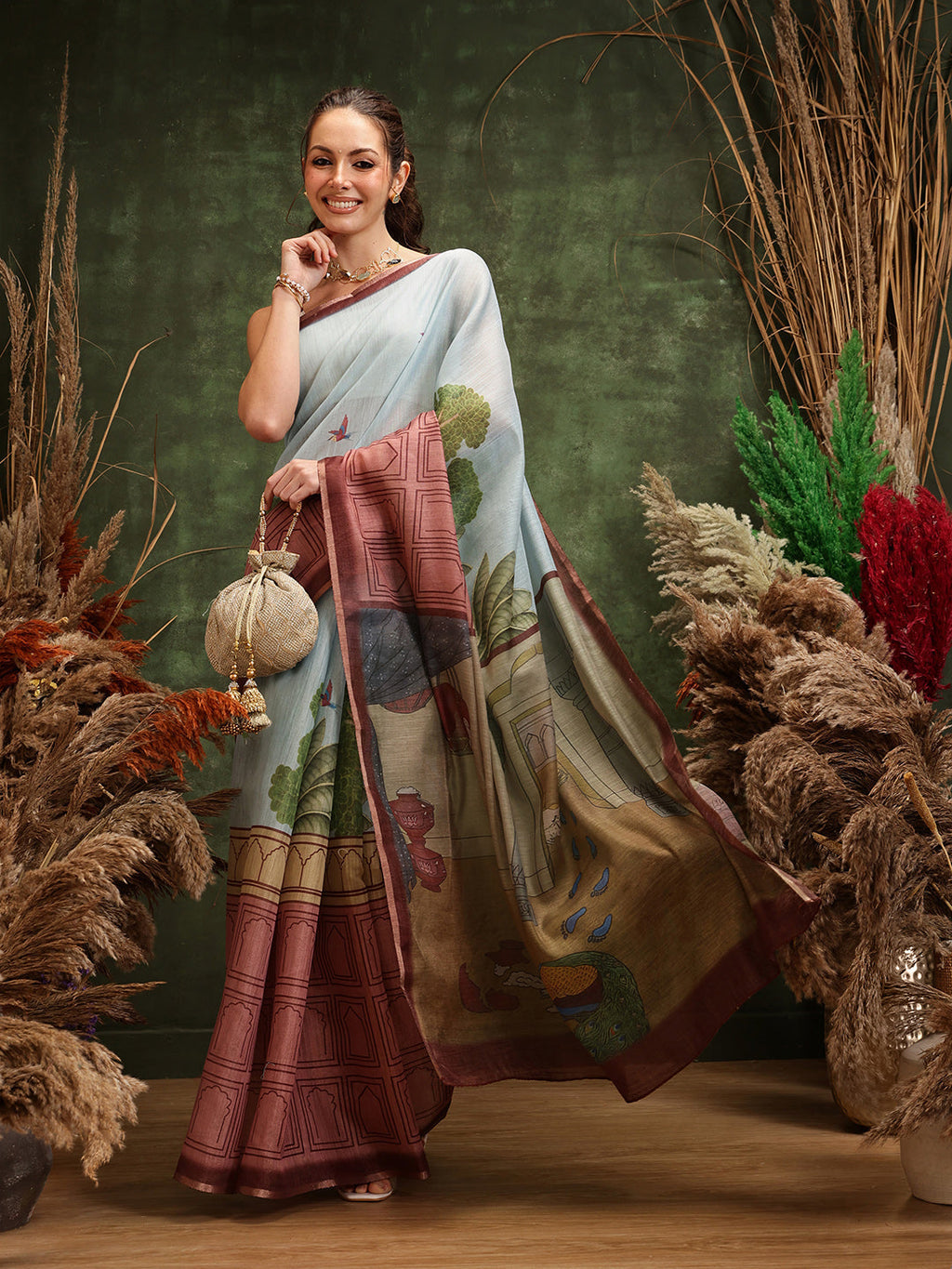 Elegant blue Chanderi cotton blend saree with modern abstract digital print