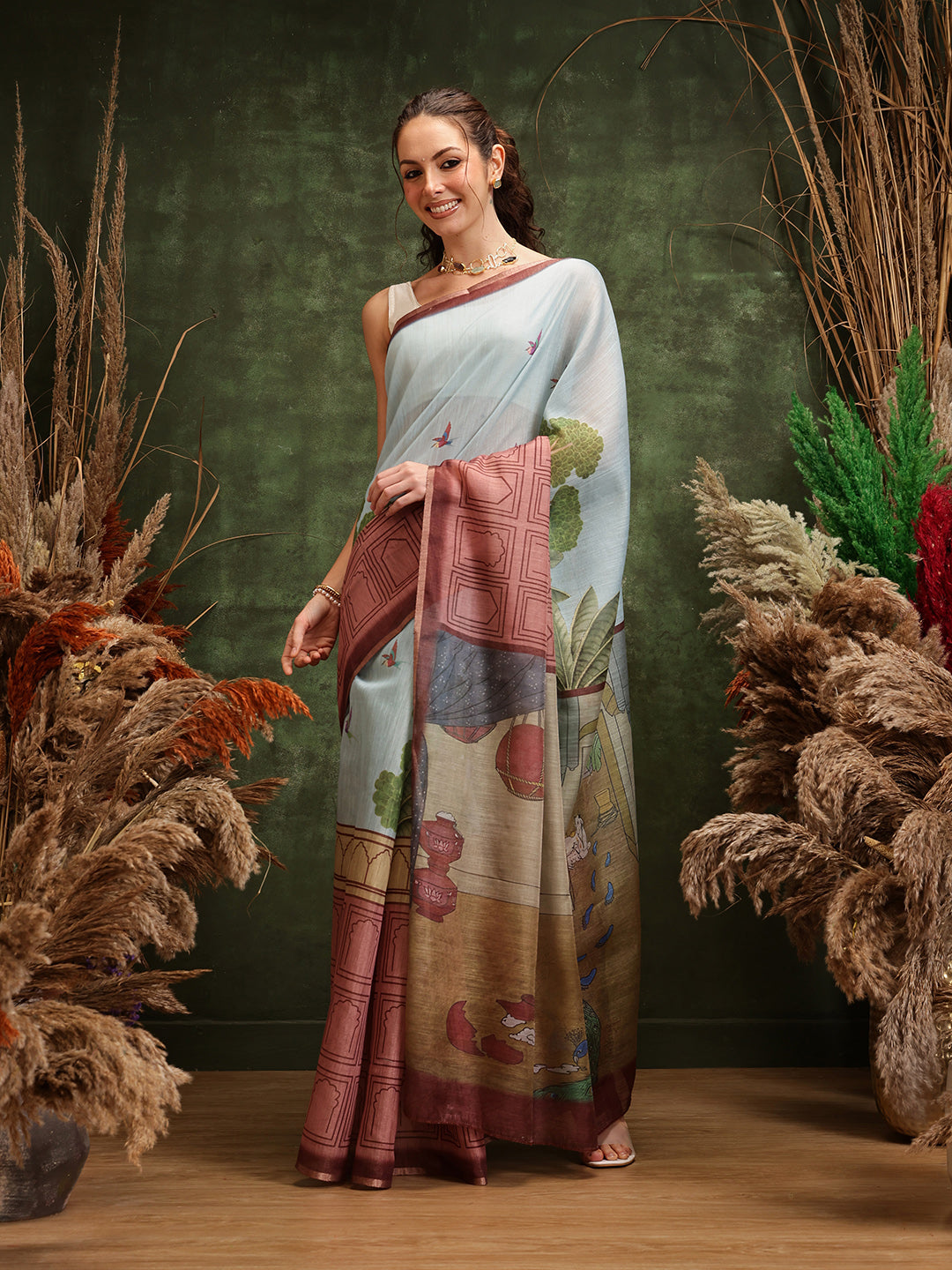 Blue Chanderi Cotton Blend Saree with Abstract Digital Print