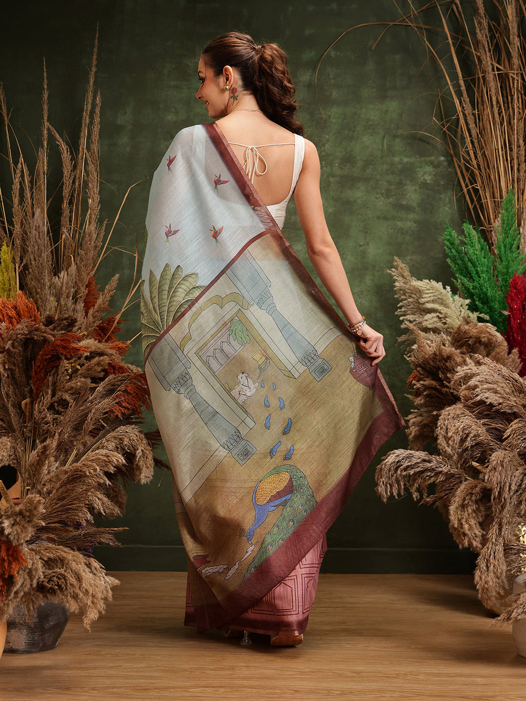 Blue Chanderi Cotton Blend Saree with Abstract Digital Print