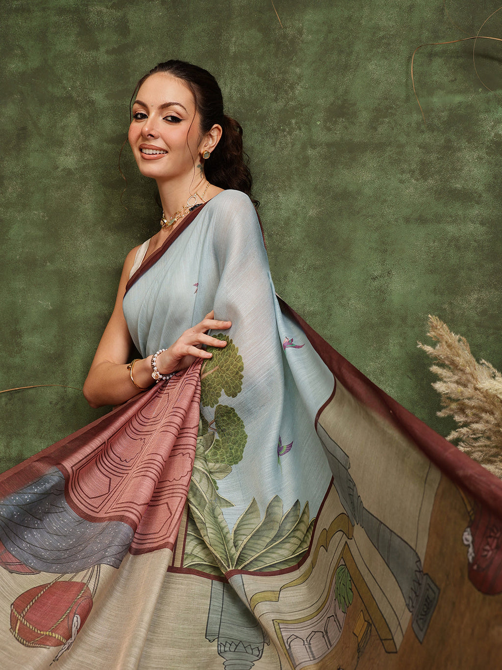 Blue Chanderi Cotton Blend Saree with Abstract Digital Print