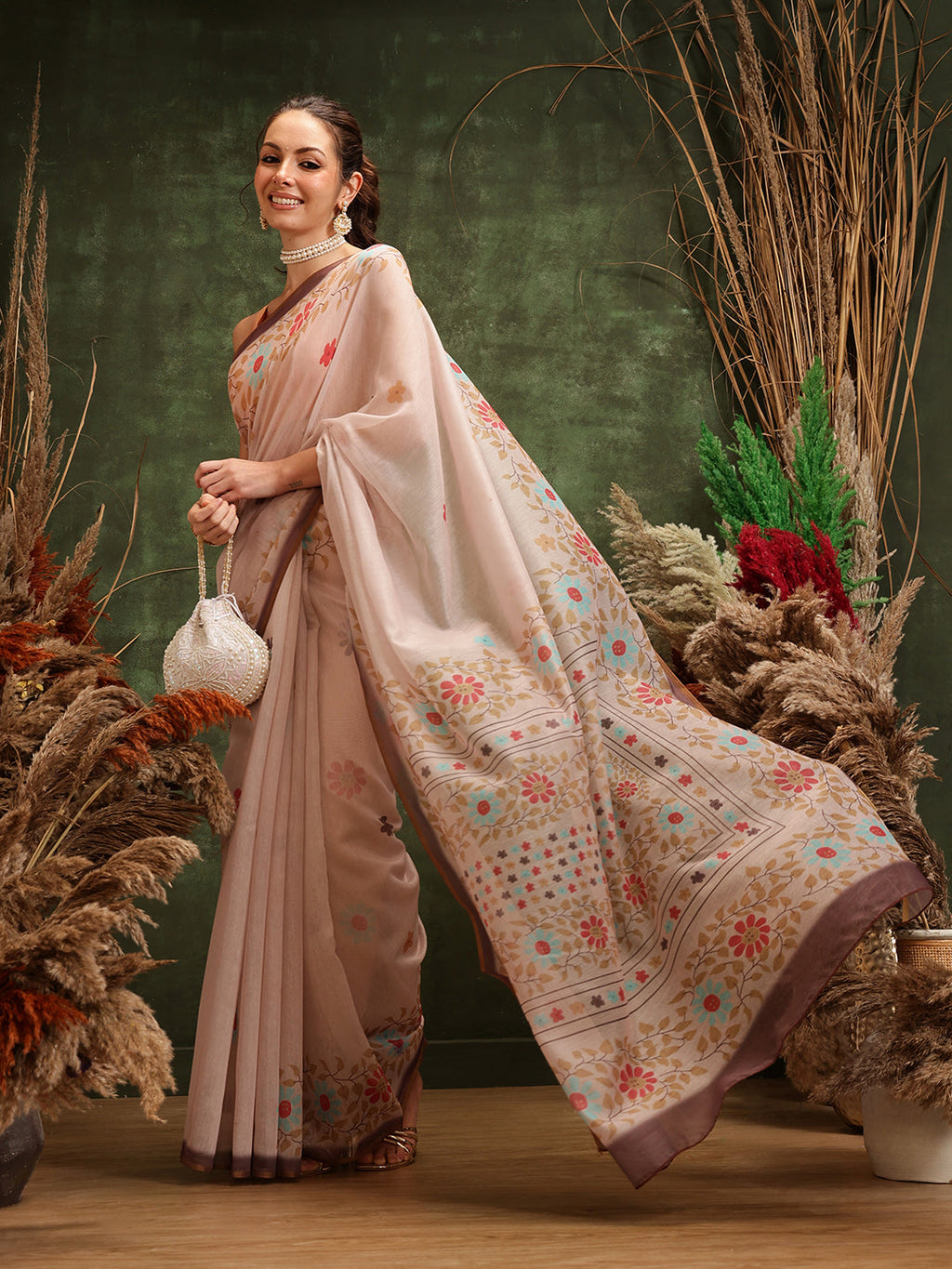Peach Chanderi Cotton Blend saree with floral digital print detailing.