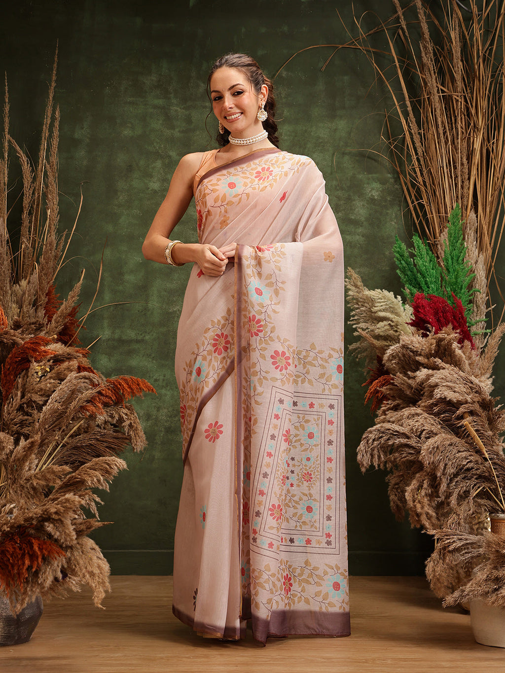 Peach Chanderi Cotton Blend Floral Digital Printed Saree