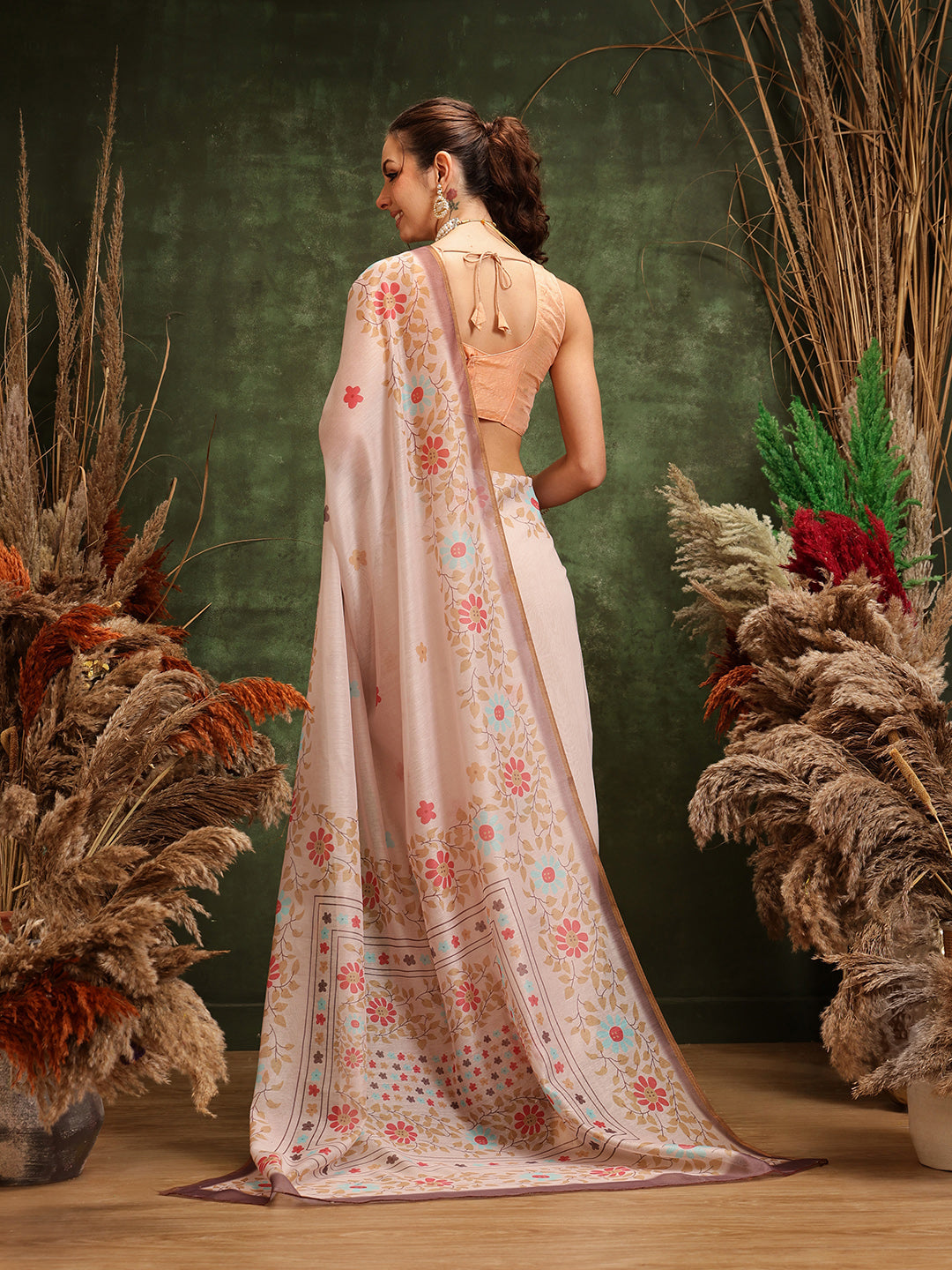 Peach Chanderi Cotton Blend Floral Digital Printed Saree