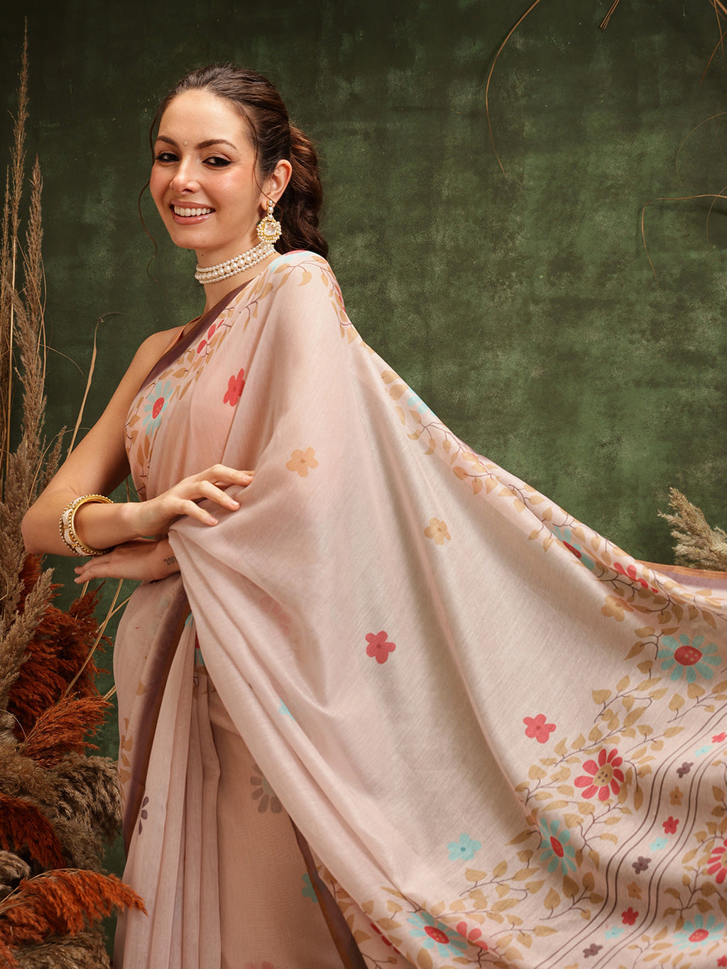 Peach Chanderi Cotton Blend Floral Digital Printed Saree