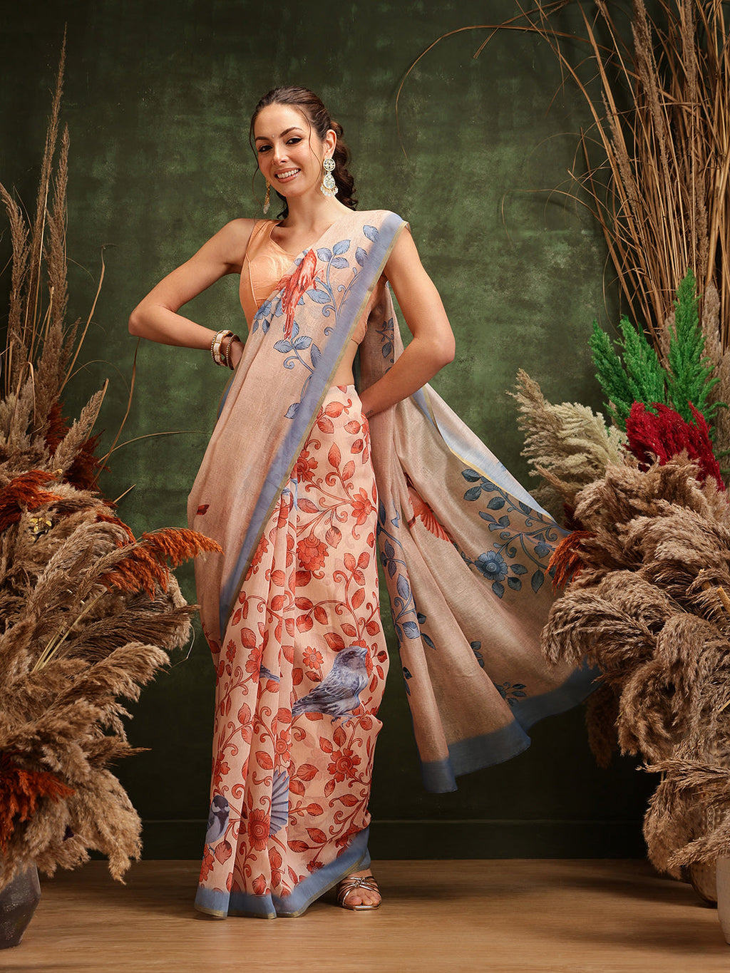 Beige Chanderi cotton blend saree with delicate floral digital print