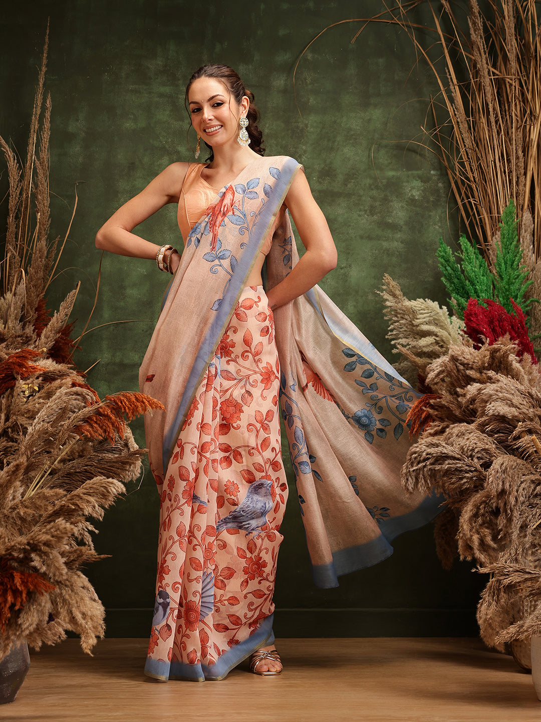 Beige Chanderi cotton blend saree with delicate floral digital print