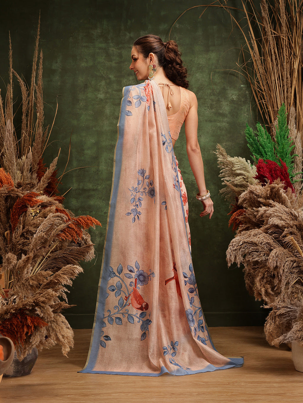 Beige Chanderi Cotton Blend Saree with Floral Digital Print