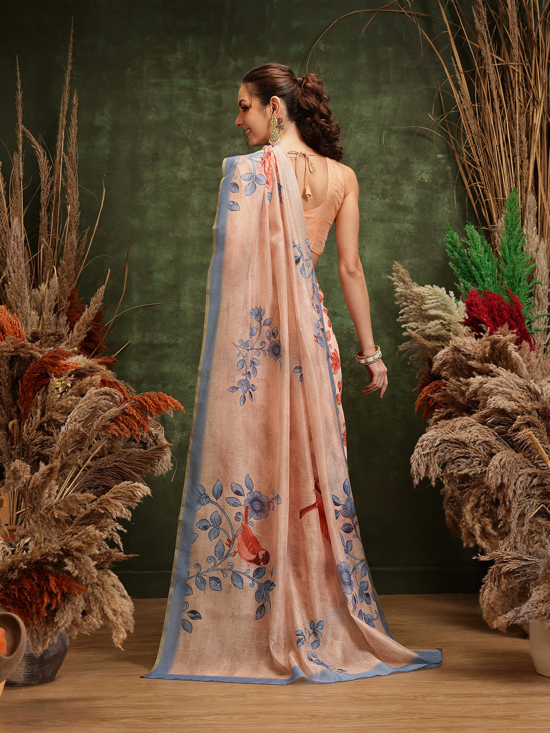 Beige Chanderi Cotton Blend Saree with Floral Digital Print