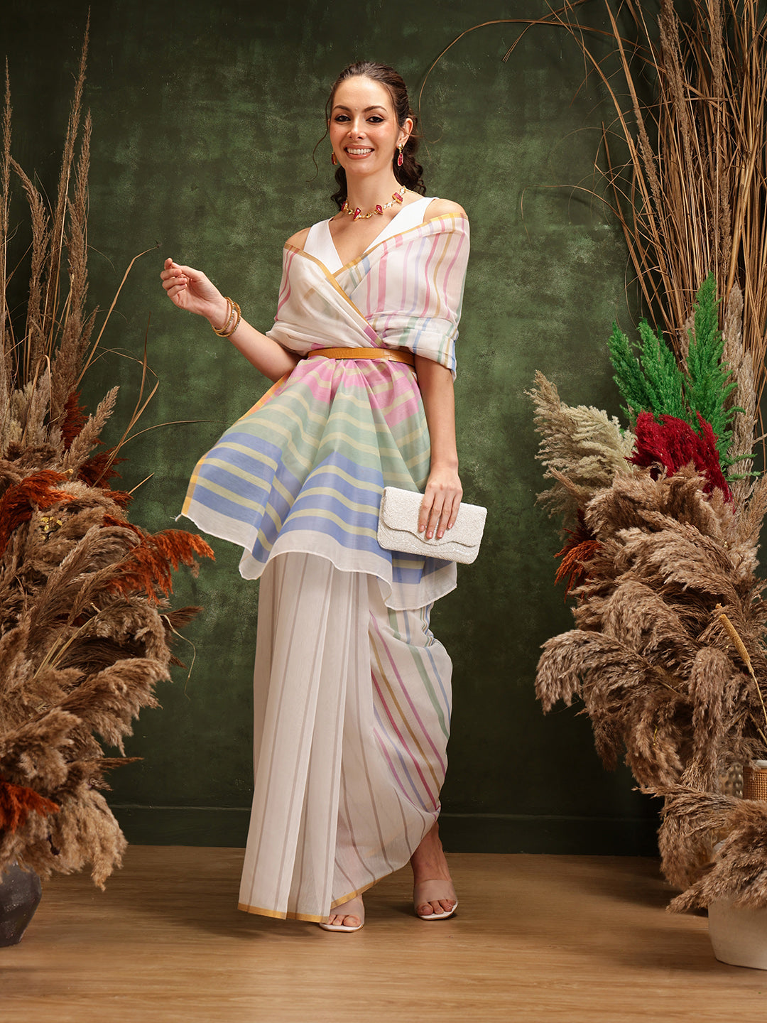 White Chanderi Cotton Blend Saree with Striped Digital Print