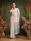 Minimalist white Chanderi cotton blend saree with striped digital print