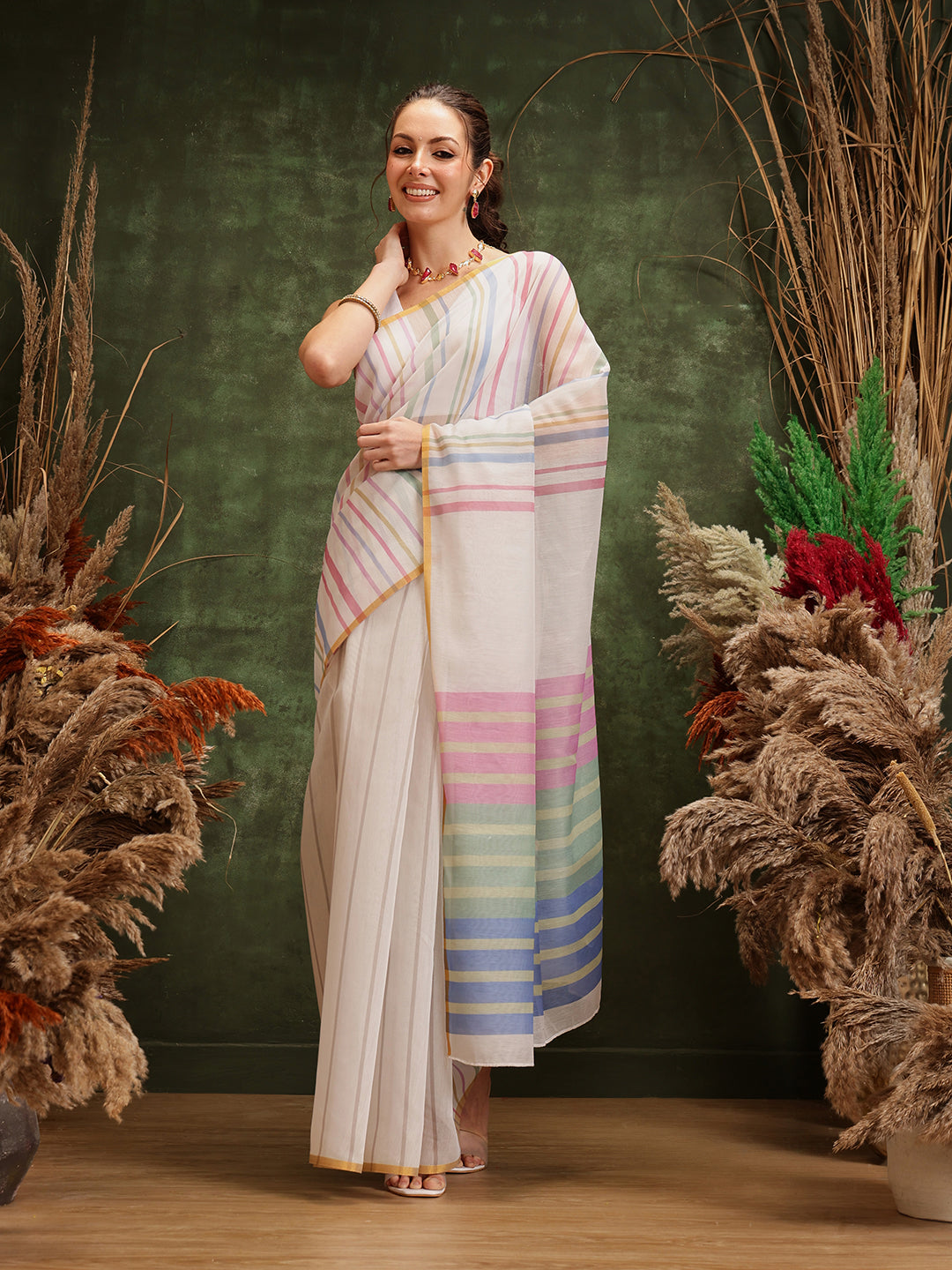 Minimalist white Chanderi cotton blend saree with striped digital print
