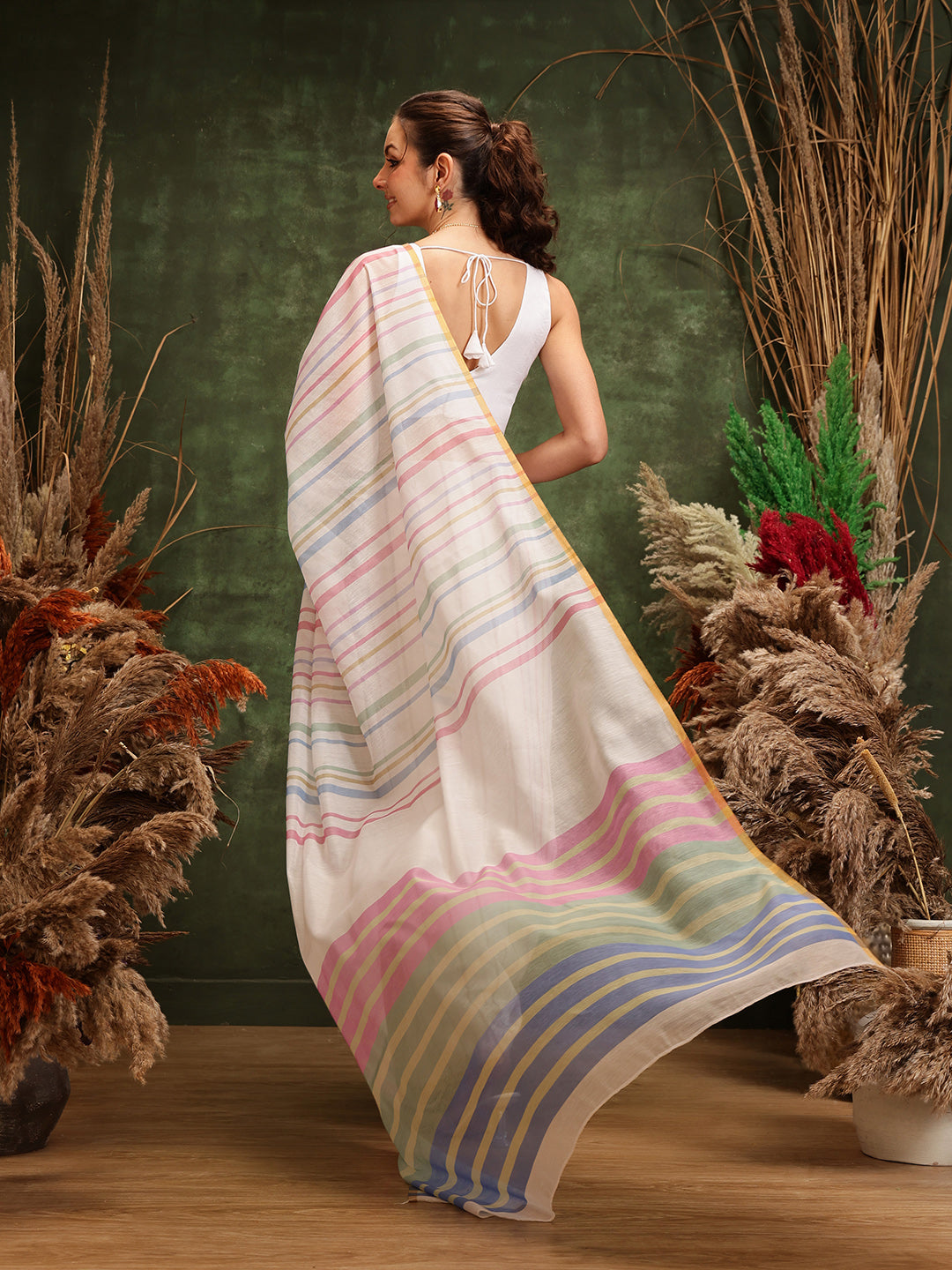 White Chanderi Cotton Blend Saree with Striped Digital Print