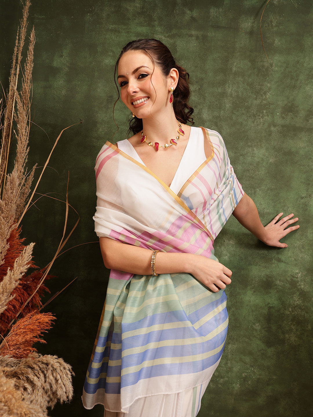 White Chanderi Cotton Blend Saree with Striped Digital Print