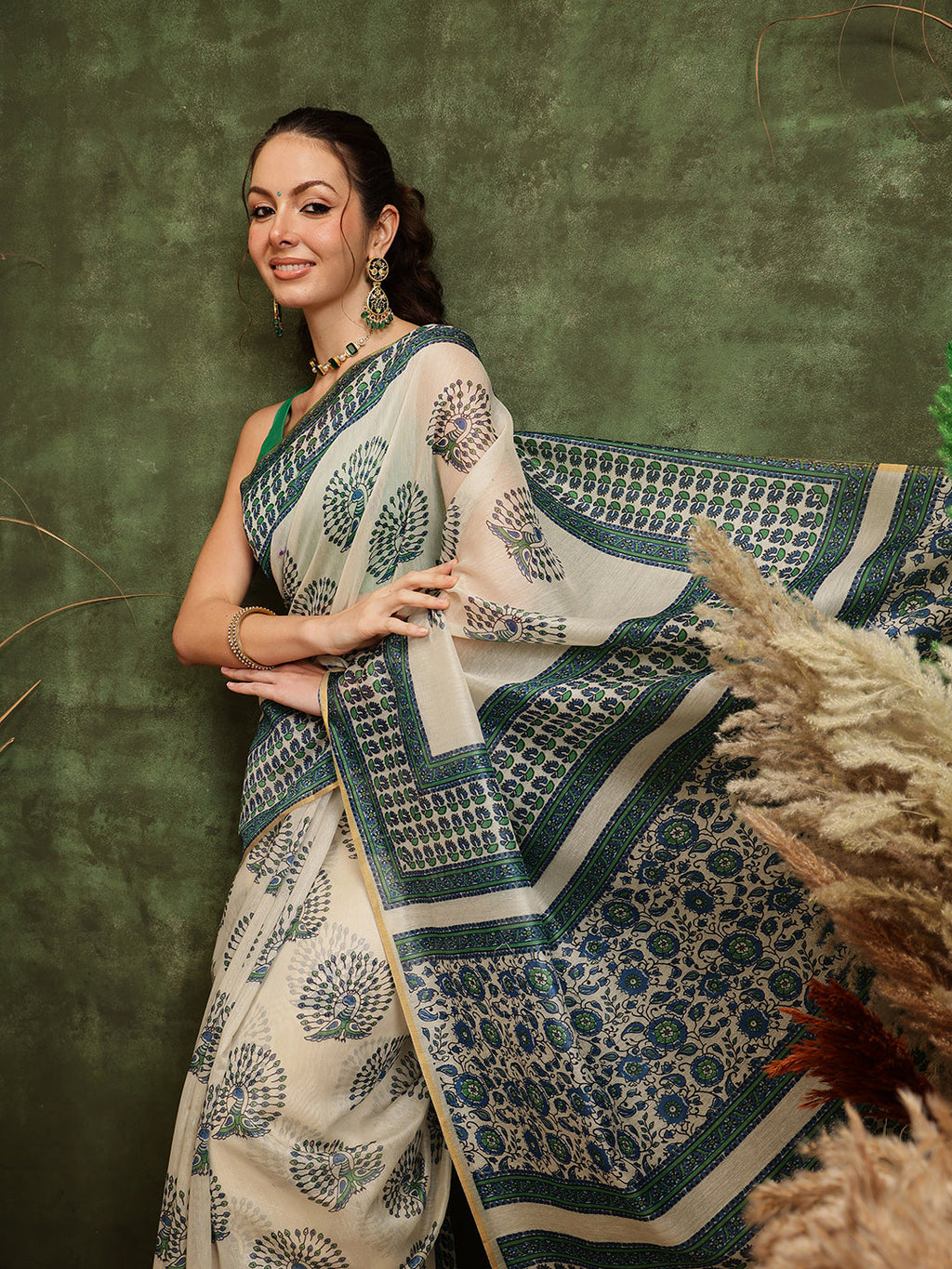 Off White Chanderi Cotton Blend Saree with Abstract Print