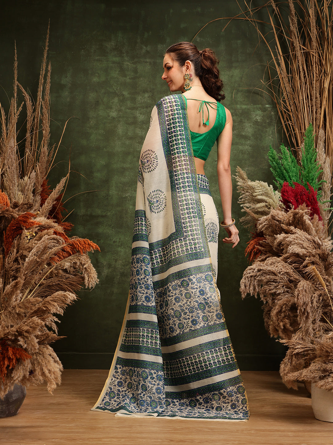 Off White Chanderi Cotton Blend Saree with Abstract Print