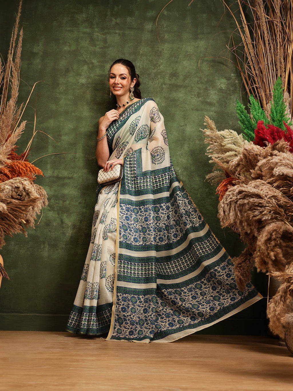 Off White Chanderi Cotton Blend Saree with Abstract Print