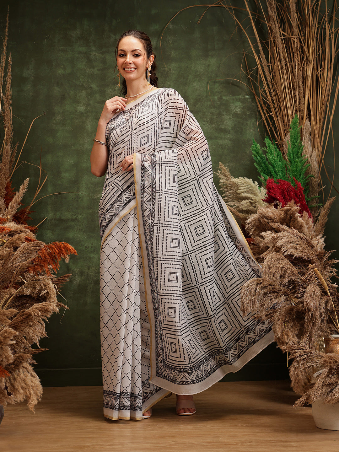 White Chanderi Cotton Blend Saree with Floral Digital Print