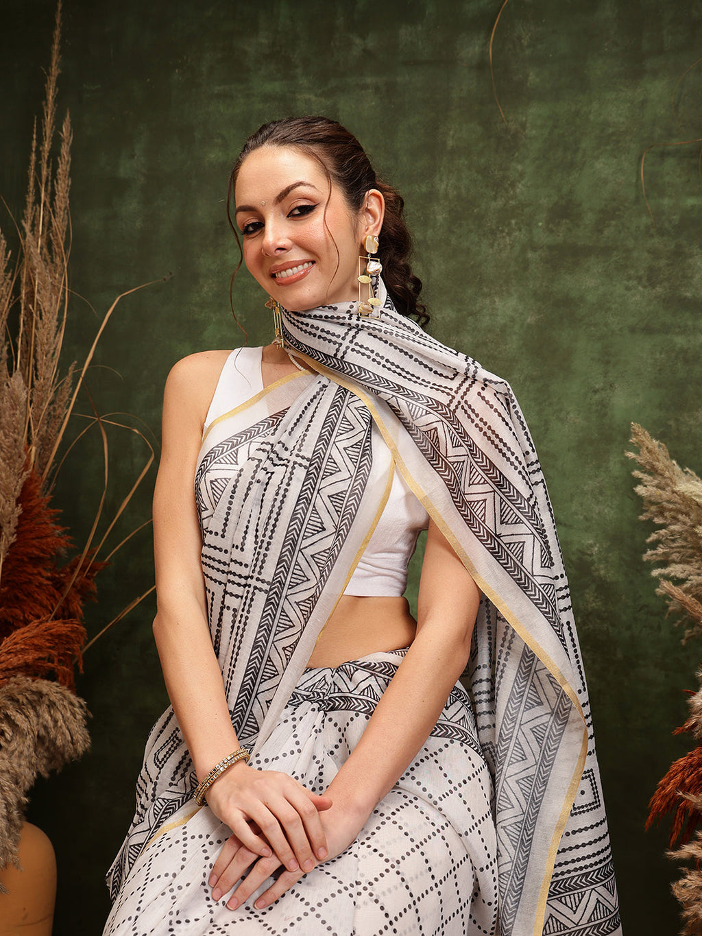 White Chanderi Cotton Blend Saree with Floral Digital Print