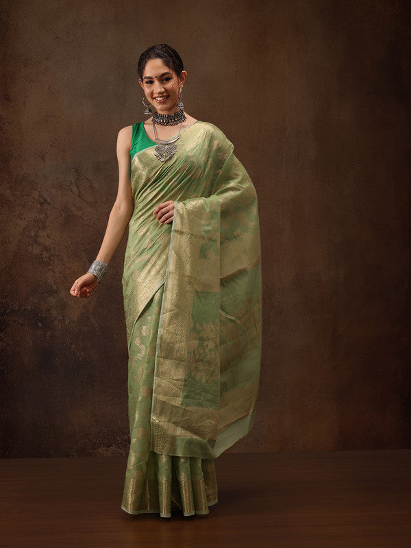 Green floral cotton saree with woven zari design and unstitched blouse