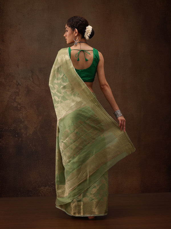 Green Floral Woven Zari Cotton Saree with Unstitched Blouse