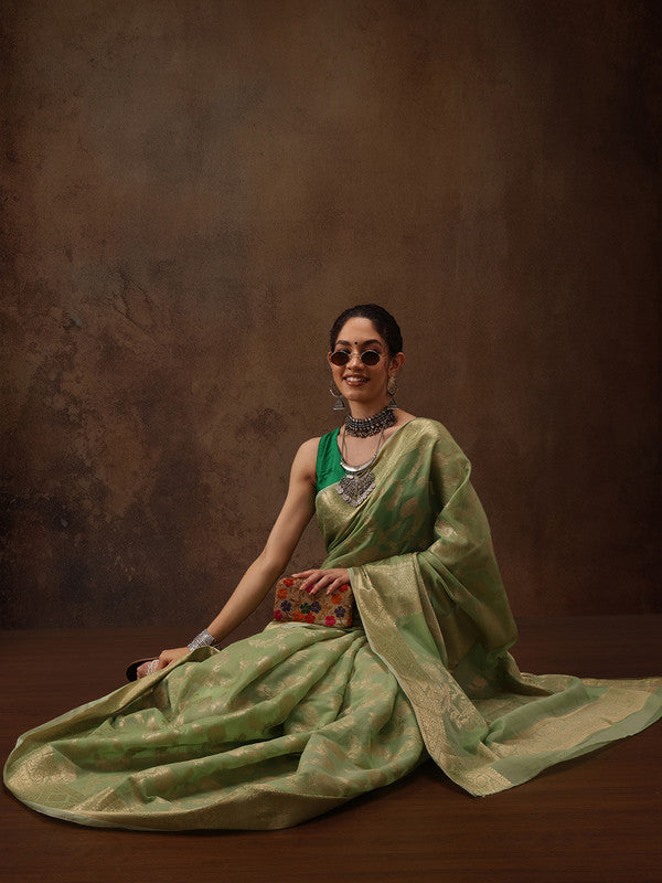 Green Floral Woven Zari Cotton Saree with Unstitched Blouse