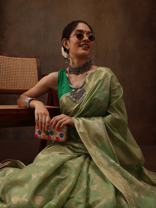 Green Floral Woven Zari Cotton Saree with Unstitched Blouse