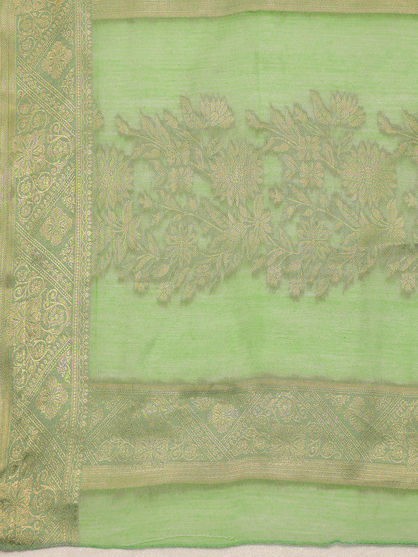 Green Floral Woven Zari Cotton Saree with Unstitched Blouse